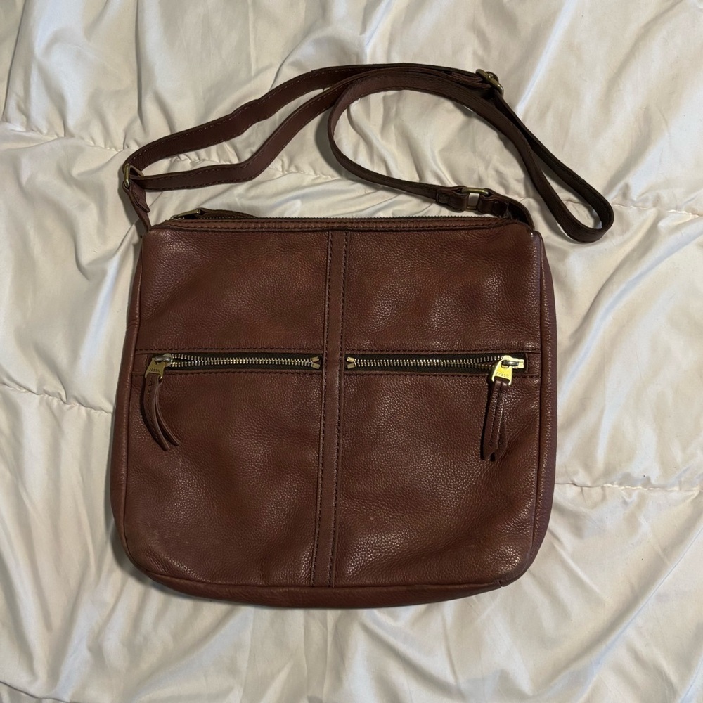 Fossil Elise Brown Leather Crossbody Bag Pebbled Leather Tan Zip Pocket Cow Hide - Picture 7 of 8